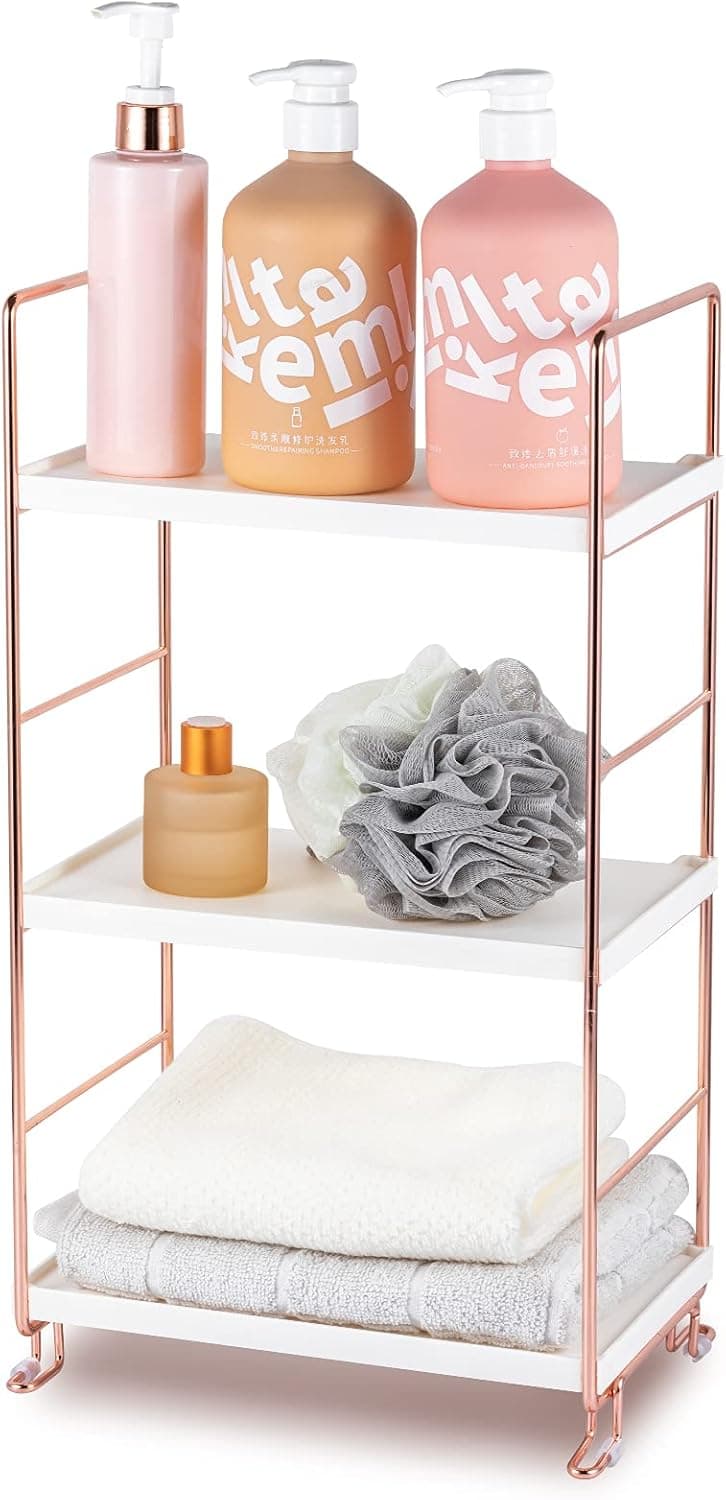 3-Tier Bathroom Counter Organizer Shelf, Vanity Tray Cosmetic Storage Holder, Kitchen Cabinet Spice Rack, Standing Shelf for Home Office Easy to Assemble Metal Rose Gold