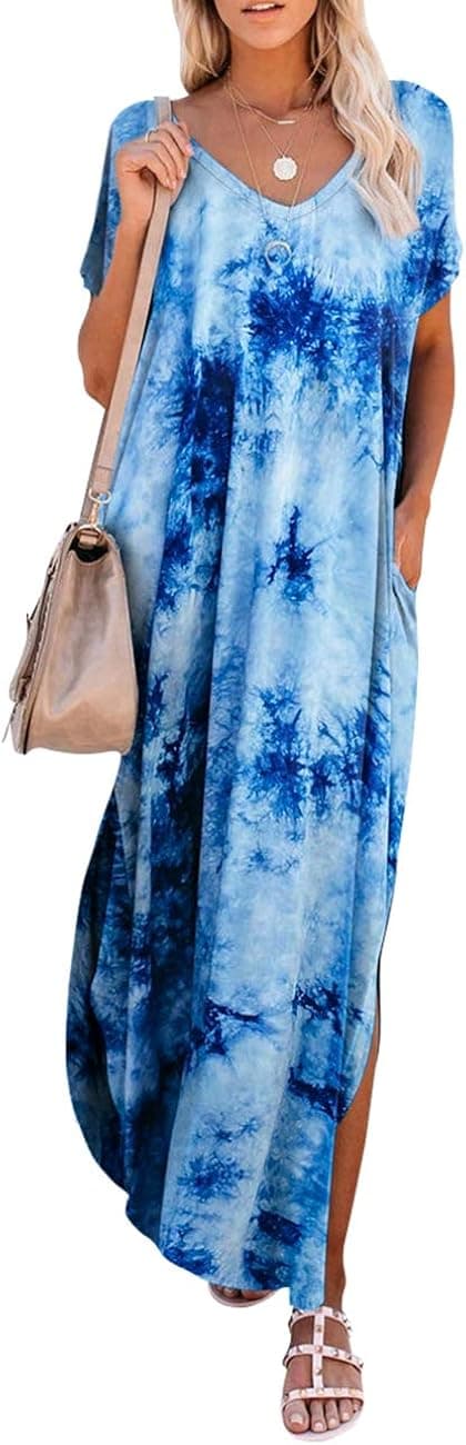 Maketina Women Short Sleeve Pocket Casual Long Dress Side Split Loose Beach Maxi Dress