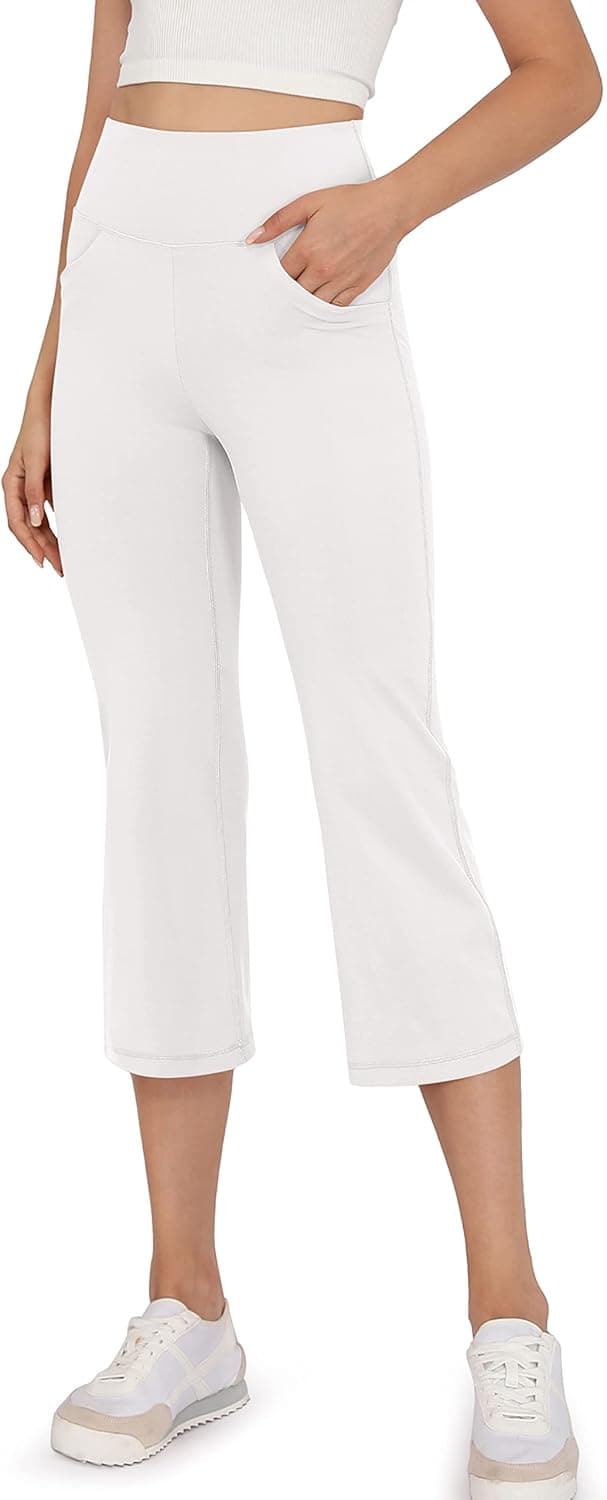 ODODOS Women's High Waist Boot Cut Yoga Capris, Tummy Control Bootleg Workout Capris with Slant Pockets, White, Small