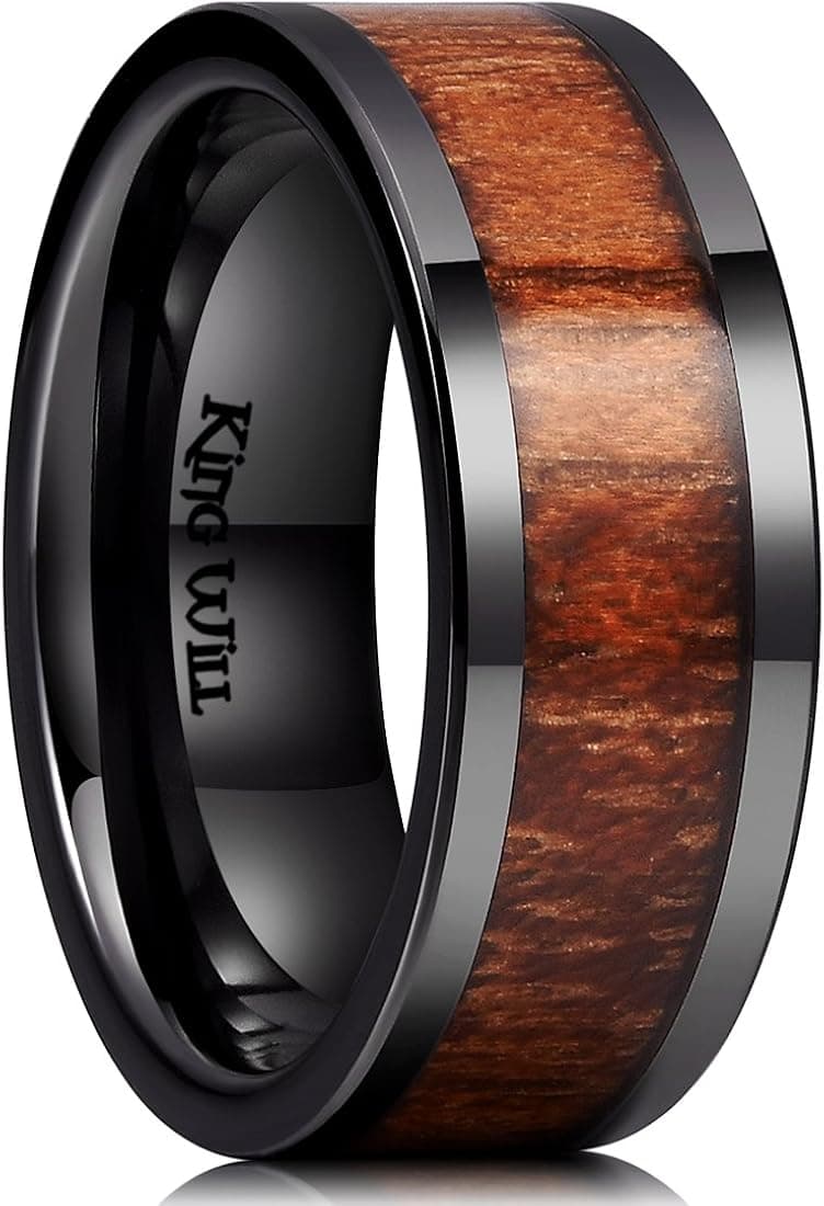King Will Nature 7mm 8mm Black Mens Wood Ceramic Ring Wedding Band Polished Finish Brown Wood Inlay Comfort Fit