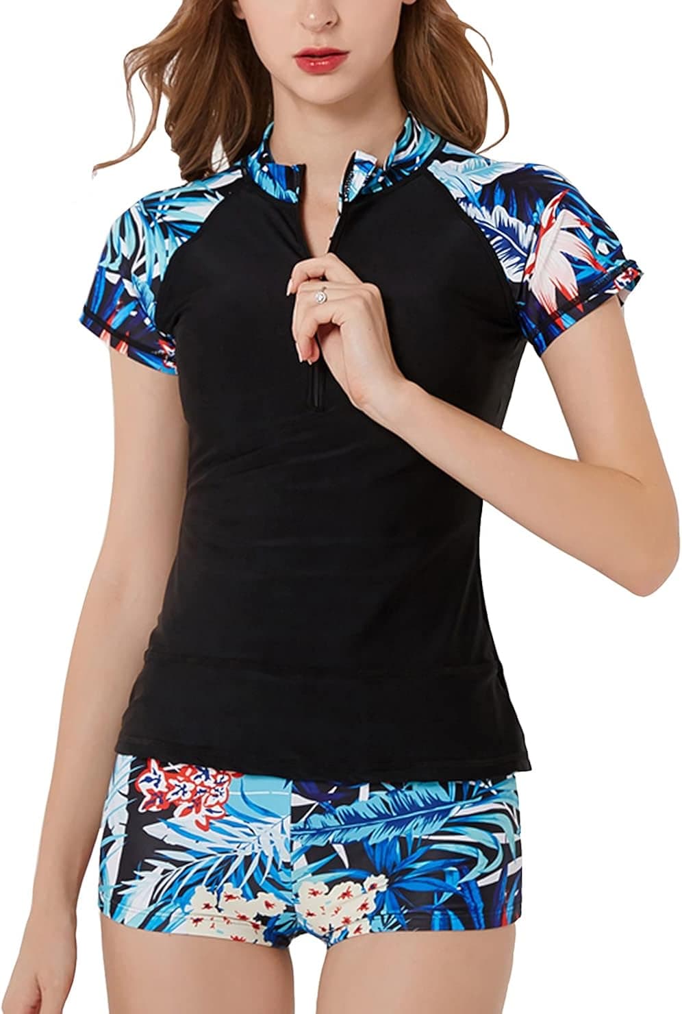 SWSMCLT Women's Two Piece Tankini Floral Print Zipper Front Rash Guard Boyshort Swimsuit Black US 10/12 (Tag 3XL)