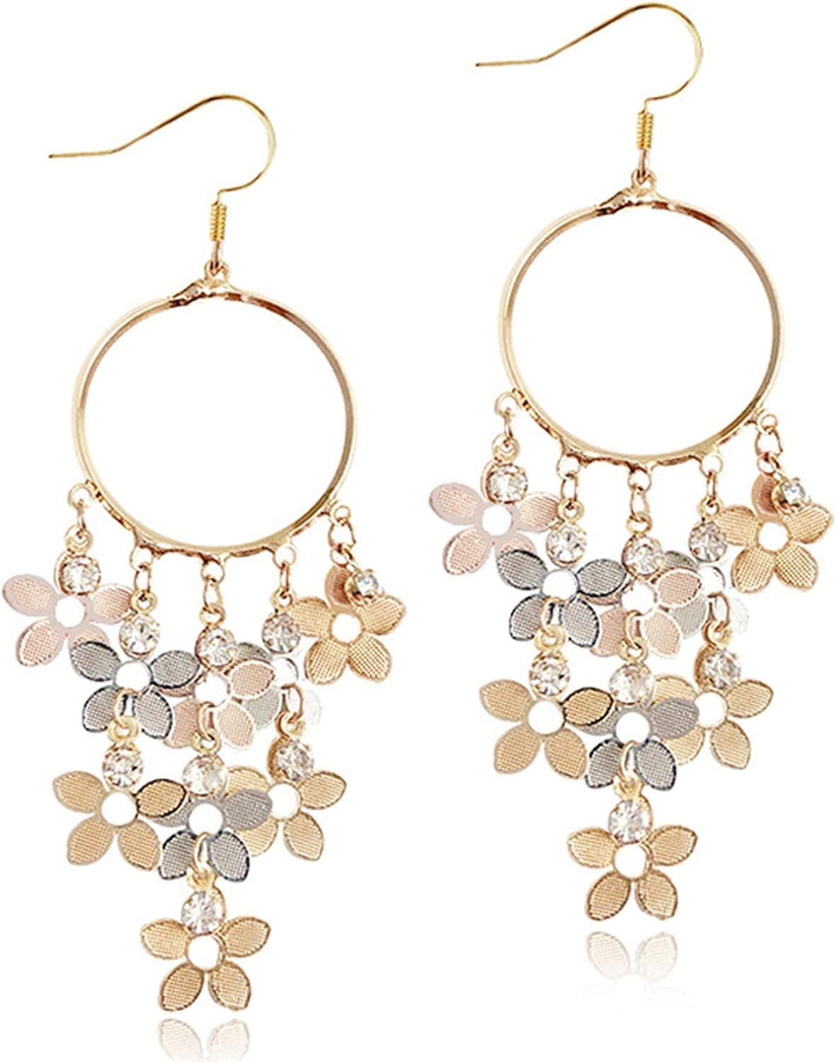 ANDPAI Lightweight Bohemian Long Colorful Chandelier Tassel Flower Dangle Drop Earrings for Women Girls Exquisite Big Hoop Fairy Flowers Stud Earrings