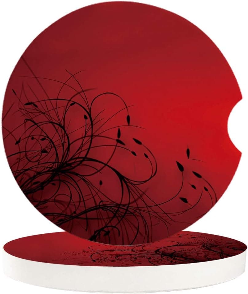 Cup Holders Car Coasters for Women/Men - 2 Pack Absorbent Ceramic Stone Drinks Coaster Set, Floral Elegant Thistle Red Black