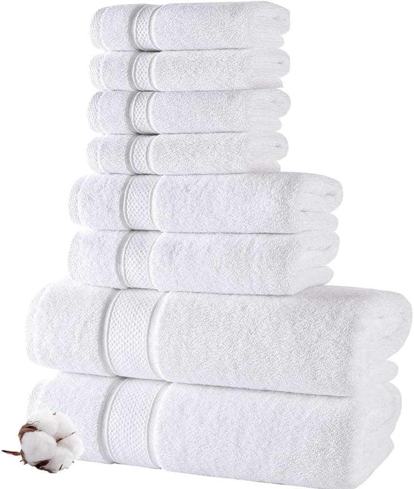 pudcraft White Towel Set - 8 Piece Bathroom Towel Set - 100% Ring Spun Cotton, 2 Bath Towel 27x54, 2 Hand Towel 16x28 and 4 Washcloth 13x13 - Ultra Soft Highly Absorbent Towel Set - White