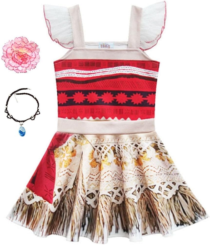 Marosoniy Little Girls Princess Dress for Moana Costume Outfit For Halloween With Necklace and Hair Clip
