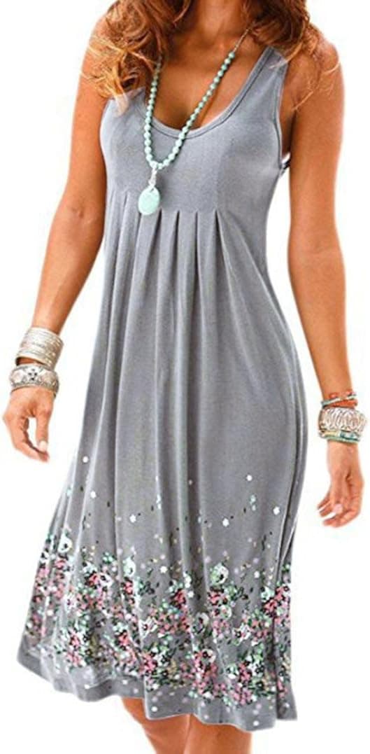 Usstore Dress for Women Sleeveless Print Summer Knee-Length Beach Casual Dresses