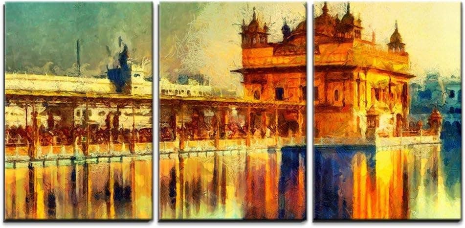 wall26 - 3 Piece Canvas Wall Art - Golden Temple at Amritsar, India - Oil Painting - Modern Home Art Stretched and Framed Ready to Hang - 24"x36"x3 Panels