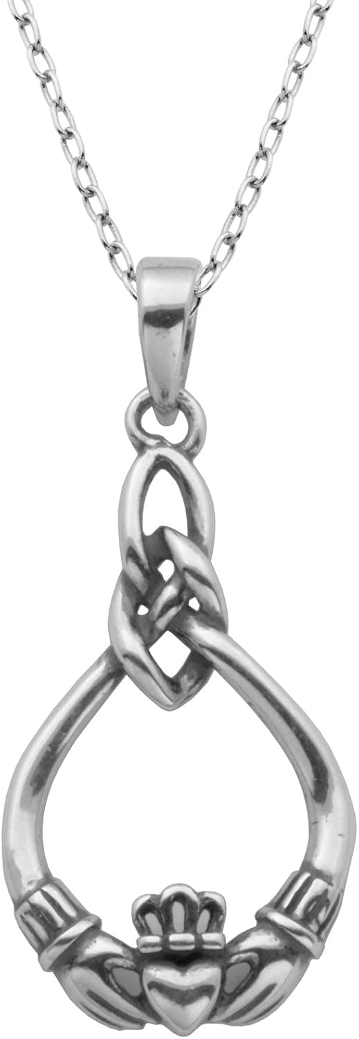 Oxidized 925 Sterling Silver Celtic Claddagh Crown, Cross or Celtic Knot Pendant Necklace, 18"