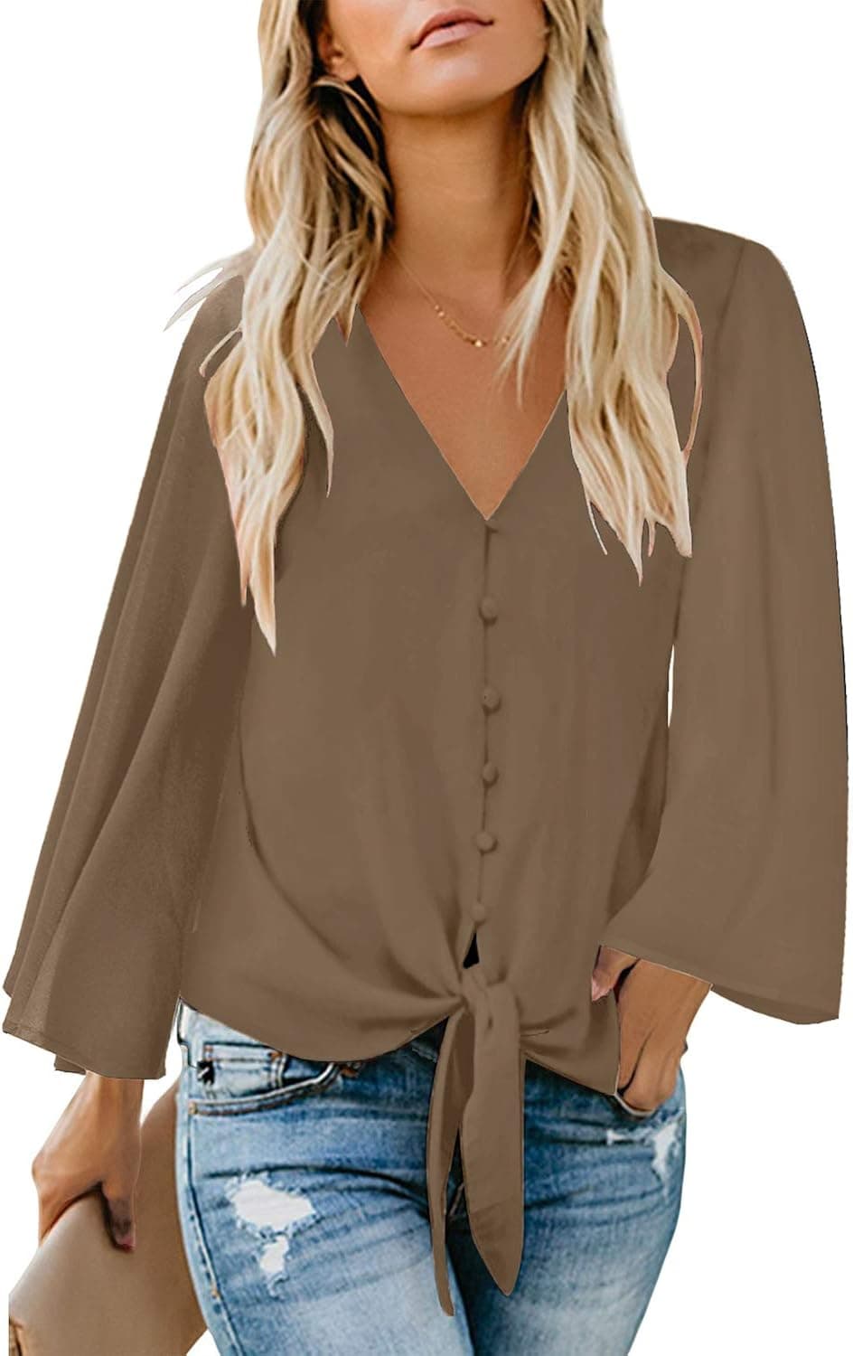 luvamia Women's V Neck Button Down Shirts Casual Long Sleeve Tie Knot Tops Blouses