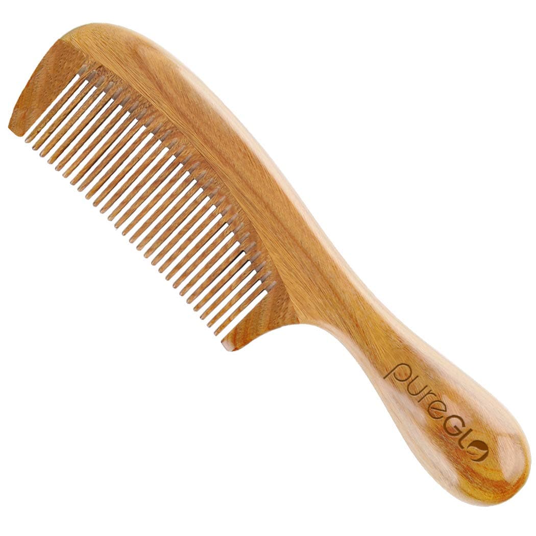 pureGLO Green Sandalwood Hair Comb | No Static Detangling Natural Aroma Handmade Wooden Buffalo Horn Comb | Fine Tooth Comb (Poly Bag)