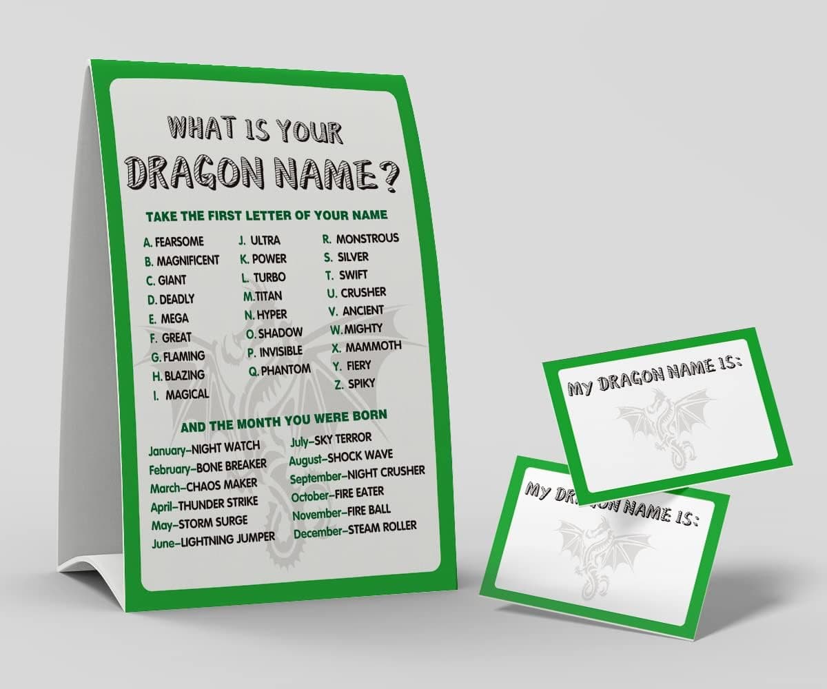 shupai What's Your Dragon Name Game, 1 Dragon Theme Sign and 50 Name Tag Stickers, Birthday Game for Kids and Adult Parties, Activity Game for Office or Class | F015