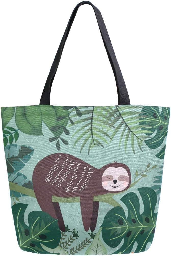 Naanle Animal Sloth Canvas Tote Bag Large Women Casual Shoulder Bag Handbag, Tropical Palm Leaf Reusable Multipurpose Heavy Duty Shopping Grocery Cotton Bag for Outdoors.