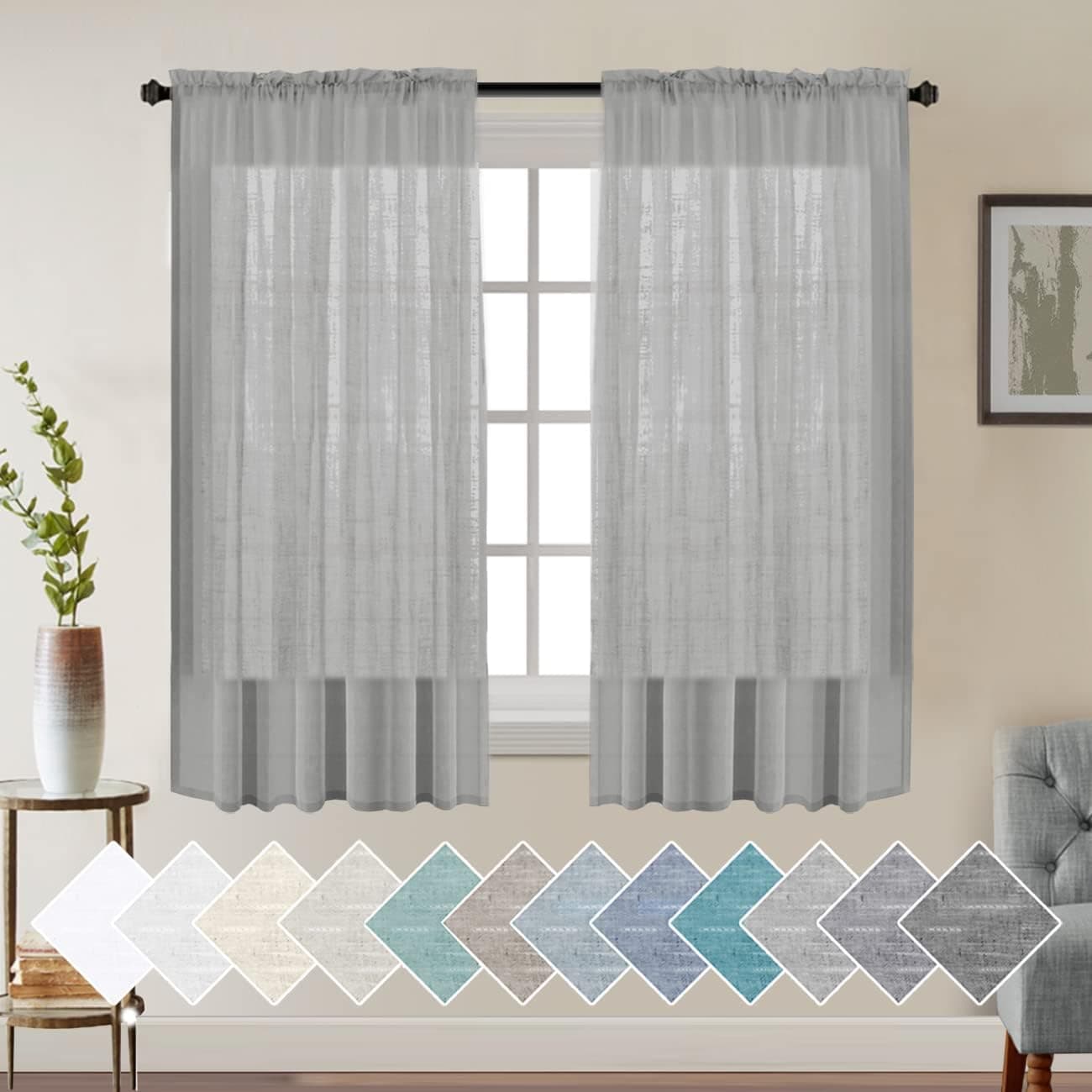 Turquoize Linen Sheer Curtains for Bedroom 63 Inch Length Natural Linen Blended Curtains Rod Pocket Light Filtering Burlap Curtains Linen Window Treatments Panels/Drapes, Privacy Assured, Dove Gray