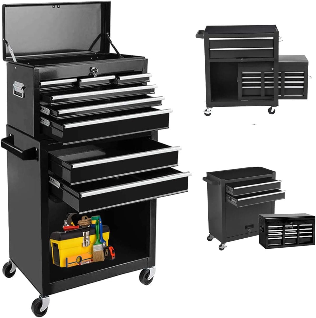 8-Drawer Tool Chest Rolling Tool Storage Cabinet with Wheels,Removable High Capacity Tool Box with Locks for Workshop Mechanics Garage,Warehouse (Cool Black)
