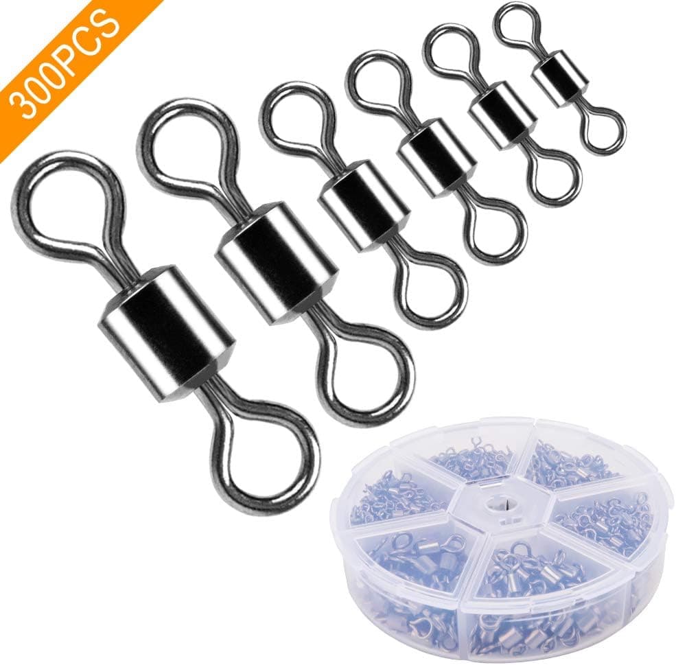 Siasky 300PCS Premium Fishing Swivels, High Strength Stainless Steel Fish Swivel with Rolling Barrel, Quality Snaps Connector for Fishing Tackle Accessories Kit #1, 2, 5, 7, 8, 10 for 31lb-104lb