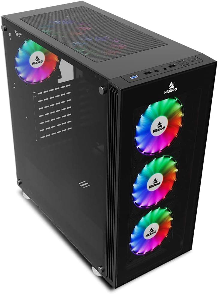 NexiGo Quantum-Flux Black ATX Mid-Tower Desktop Computer Gaming Case, Translucent Tempered Glass Panels with 6pcs 120mm LED RGB Fans Pre-Installed, and Remote Controller, 360mm Liquid Cooling Support