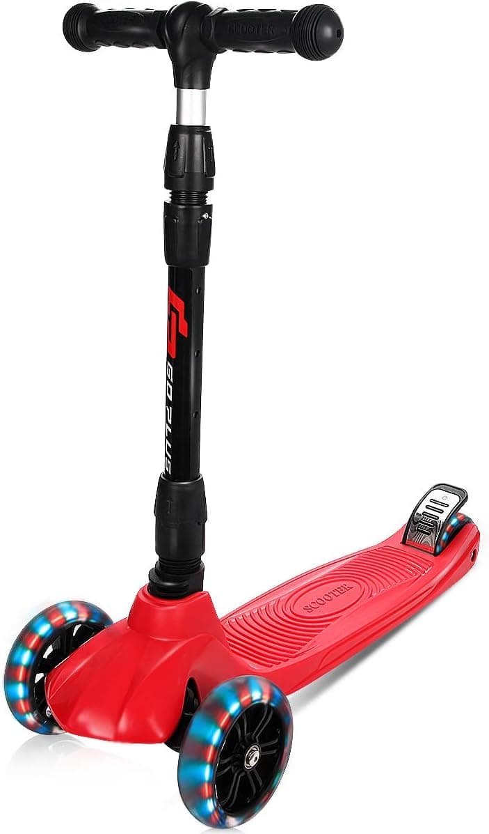 Goplus Folding Kick Scooter, Kids Scooters with 3 Level Height Adjustable Handle and PU LED Light Up Wheels, 3 Wheel Scooter with Extra-Wide Non-Slip Deck, Lean-to Steer, for Boys Girls from 4 to13