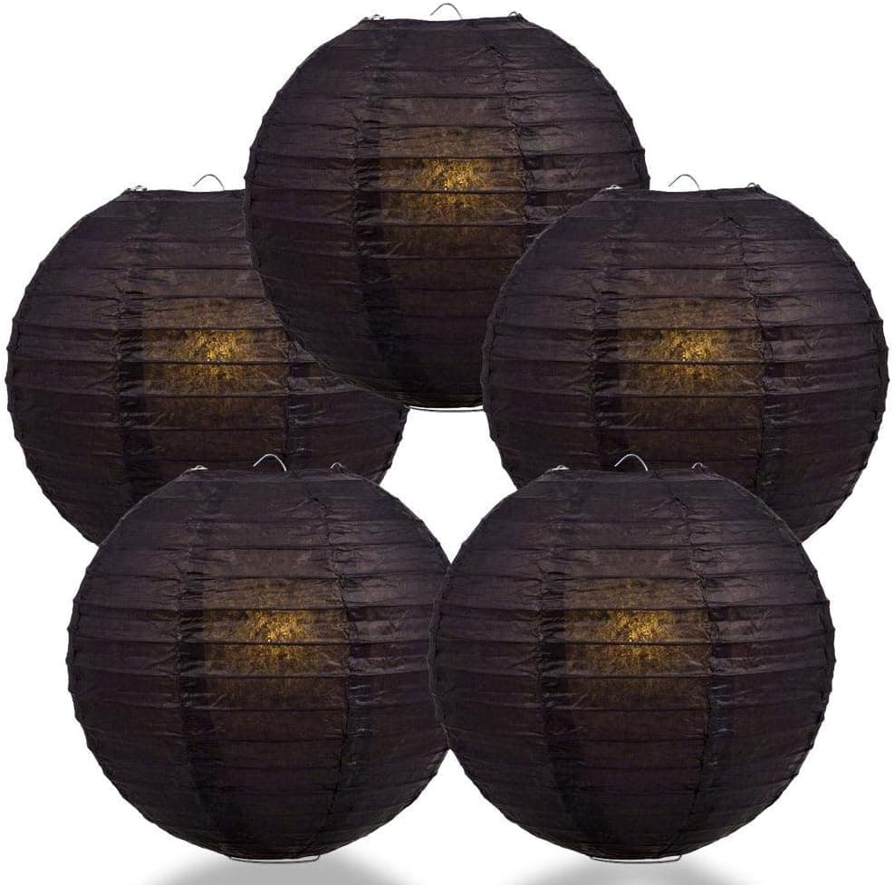 Quasimoon PaperLanternStore.com (5-Pack) 12 Inch Black Round Paper Lantern, Even Ribbing, Hanging Decoration
