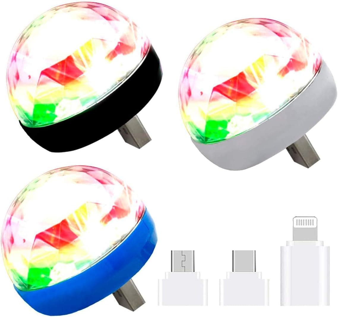 USB Mini Disco Lights, Party Lights Magic Disco Ball Light, Halloween DJ Disco Stage Lights with 9 Adapter for Xmas Parties DJ Stage Atmosphere Christmas Party Interior Car Lights, Pack of 3