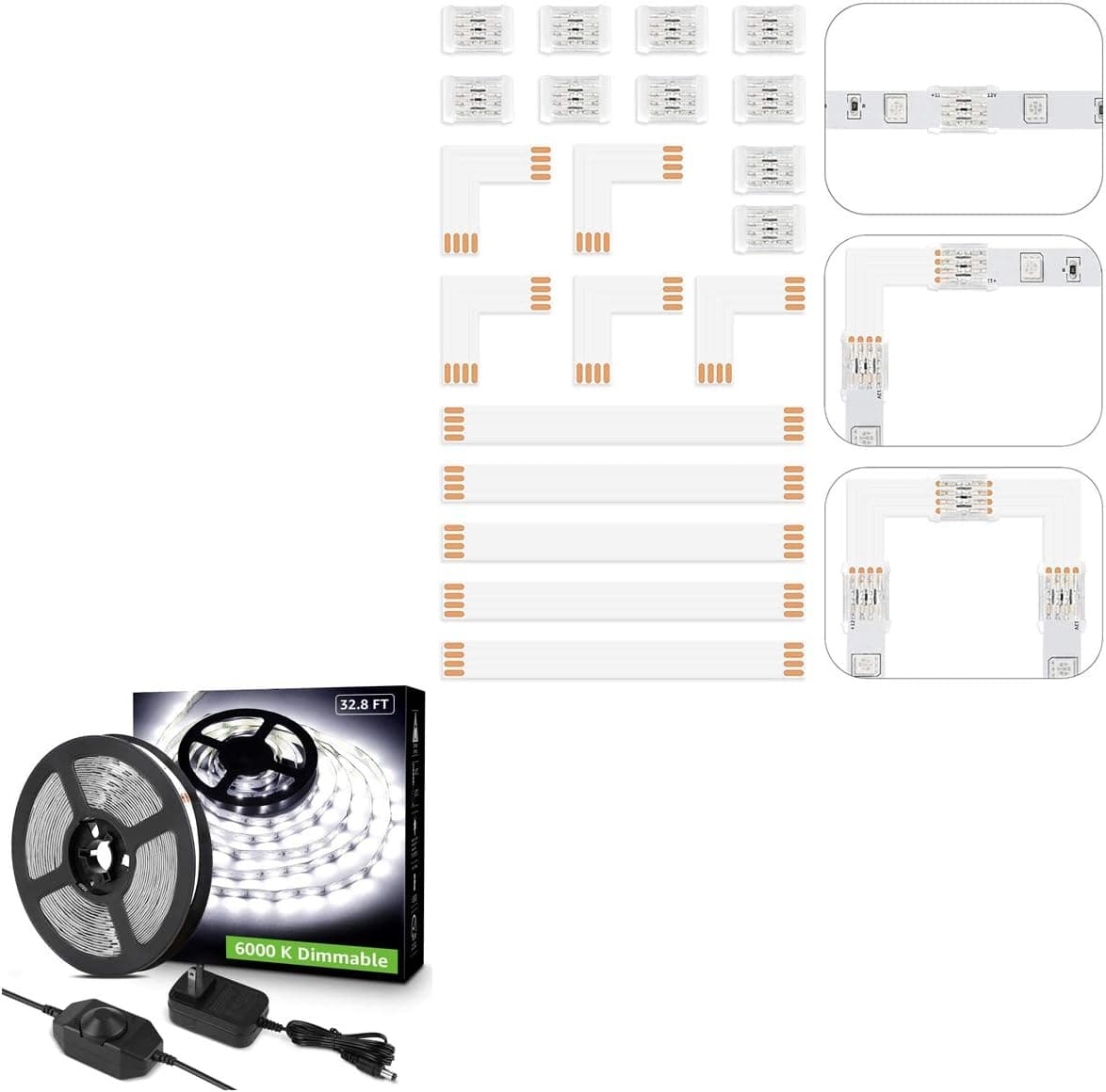 Bundle – 2 Items: 32.8ft 6000K Dimmable LED Strip Lights & 10 Packs 4-Pin LED Strip Lights Connectors