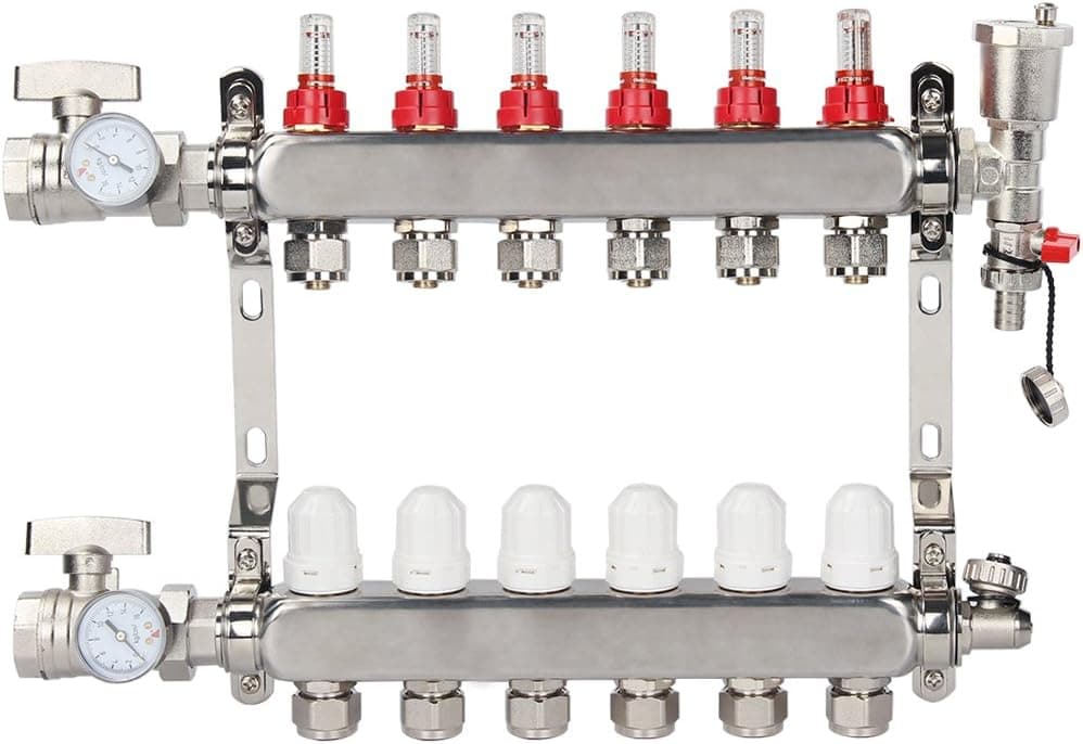 TargetEvo 6 Loop 1/2 PEX Manifold Stainless Steel Radiant Floor Heating Set Kit with Adjustable Flow Valves Automatic Air Vent