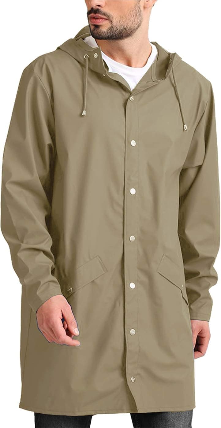 JINIDU Men's Long Waterproof Rain Jacket with Hood Lightweight Packable Raincoat for Outdoor,Hiking,Travel,Business,Fishing