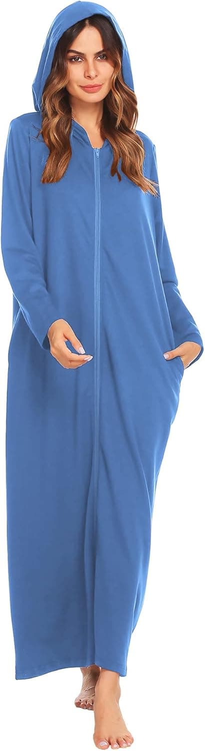 Ekouaer Robe for Women Zipper Robe Loungewear Full Length Sleepwear Pockets Housecoat Casual Straight Robe