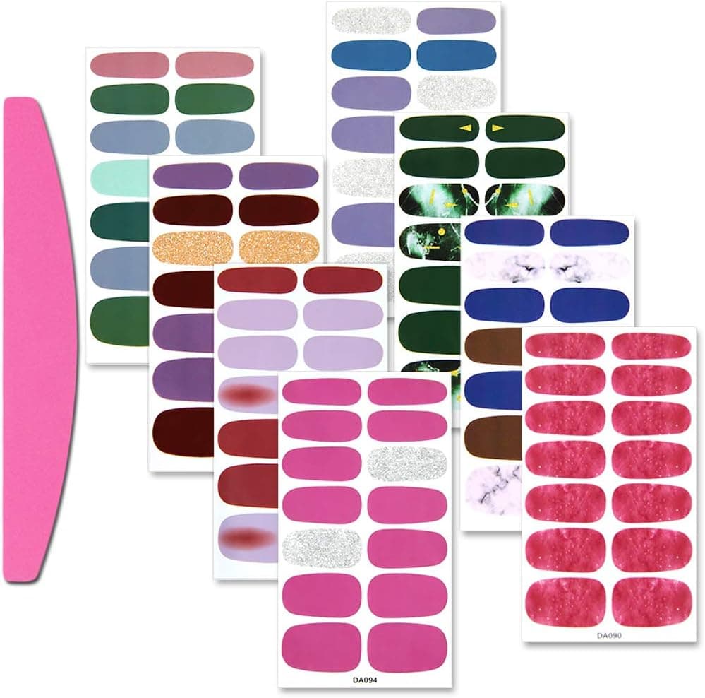 SILPECWEE 8 Sheets Solid Color Glitter Nail Polish Strips for Women Adhesive Nail Stickers Full Nail Wraps Sticker Nail Polish Nail Accessories with 1pc Nail File