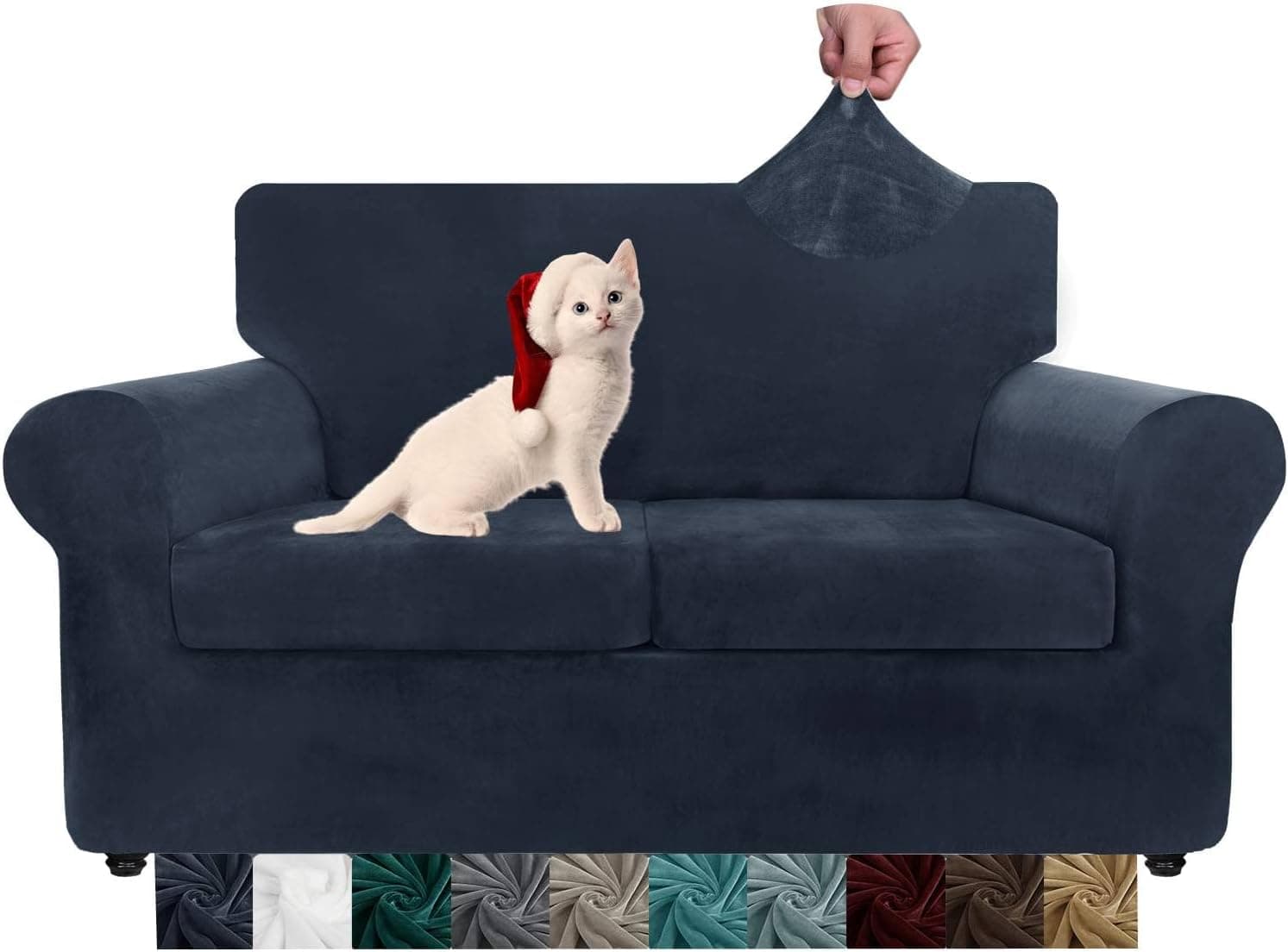 Chelzen Velvet Plush 3 Pieces Couch Covers for 2 Cushion Couch Super Stretch Anti Slip Spandex Sofa Loveseat Slipcover Living Room Dogs Pets Love Seat Furniture Protector (Loveseat, Navy Blue)