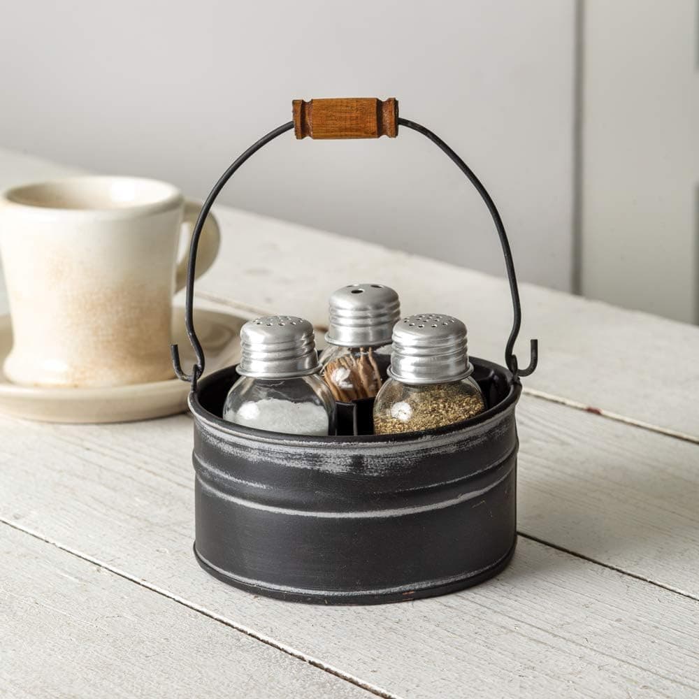 Attractive and Graceful Round Bucket Salt Pepper and Toothpick Shakers Caddy Set - Black. Rustic Farmhouse Table Decor, Vintage Home Decoration, Restaurants and Gift.
