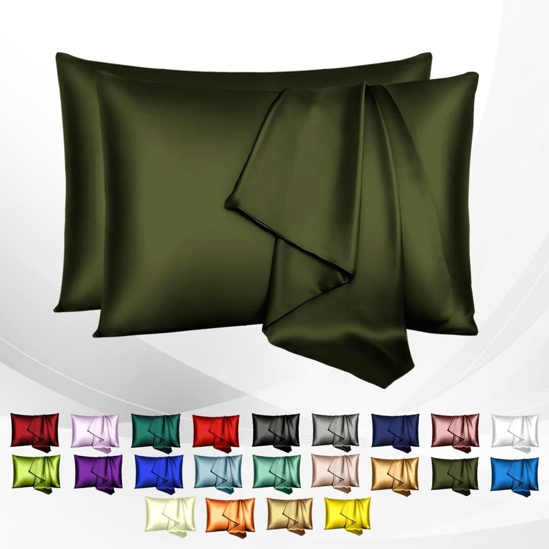 AGN Elegant Linen Satin Pillowcases for Hair and Skin Super Soft and Luxury Set of 2 Pillowcases, Sizes King Queen and Standard (Olive, Queen(20x30))