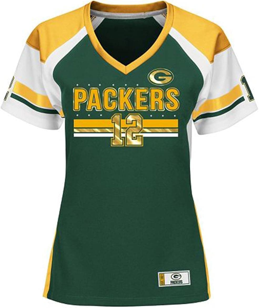 Majestic Aaron Rodgers Green Bay Packers Women's Green Draft Him Jersey Name and Number V-Neck T-Shirt