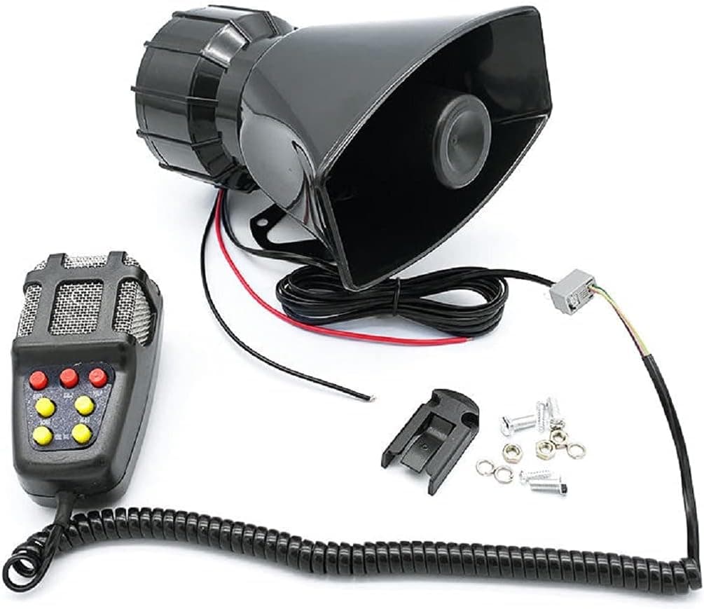 Rockmoon Car Siren Horn 7 Tone Sound Siren Police Mic PA Speaker Car System Emergency with Microphone Amplifier-100W Emergency Sound Electric Horn-12V, black