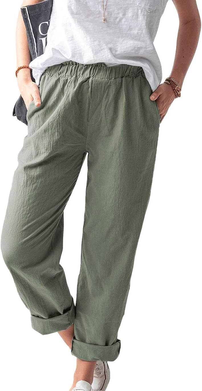 Haellun Women's Casual Summer Comfy Elastic Waistband Drawstring Linen Pants