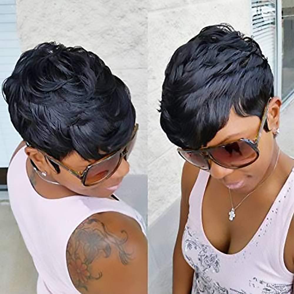 Usexy Human Hair Wig with Bangs Short Human Hair Wigs for Black Women Non Lace Front Wig Full Machine Wigs 150% Density Brazilian Pixie Cut Human Hair (1B)