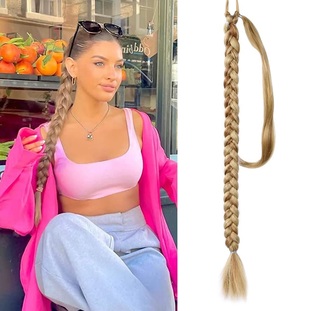 DAIRESS 36 Inch Ponytail Extension Synthetic Long Braided Ponytail Extensions with Hair Tie Straight Wrap Around Hair Pretty Hair Ponytails Hair pieces For Women Daily Use (36 Inch, P30/27)