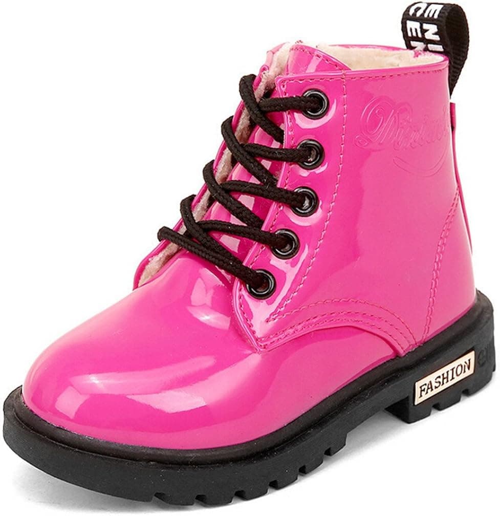 Bumud Boy's Girl's Waterproof Lace-Up Martin Boots Winter Warm Shoes (11 M US Little Kid, Hot Pink)