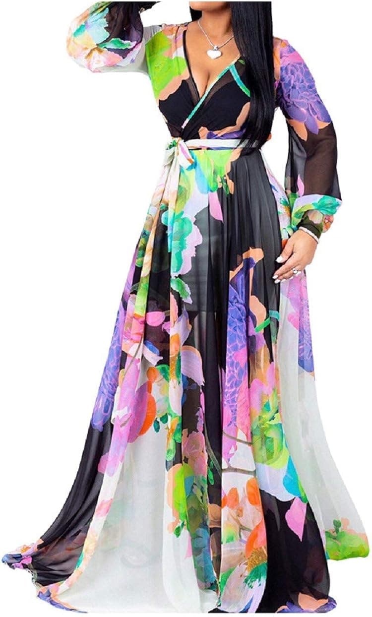 lvenzse Womens Maxi Dress Boho Chiffon Floral Printed Long Party Dresses Plus Size with Belt (S-5XL)