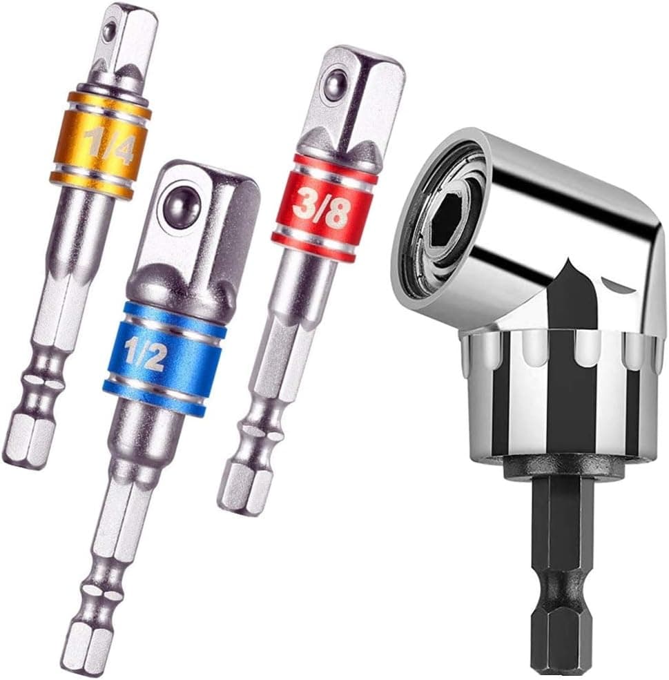 4Pcs Power Hand Tools,105 Degree Right Angle Screwdriver set Drill Hex Bit Socket Adapter+3pc 1/4" 3/8" 1/2" Impact Grade Power Hand Tools Driver Sockets Adapter Extension Set