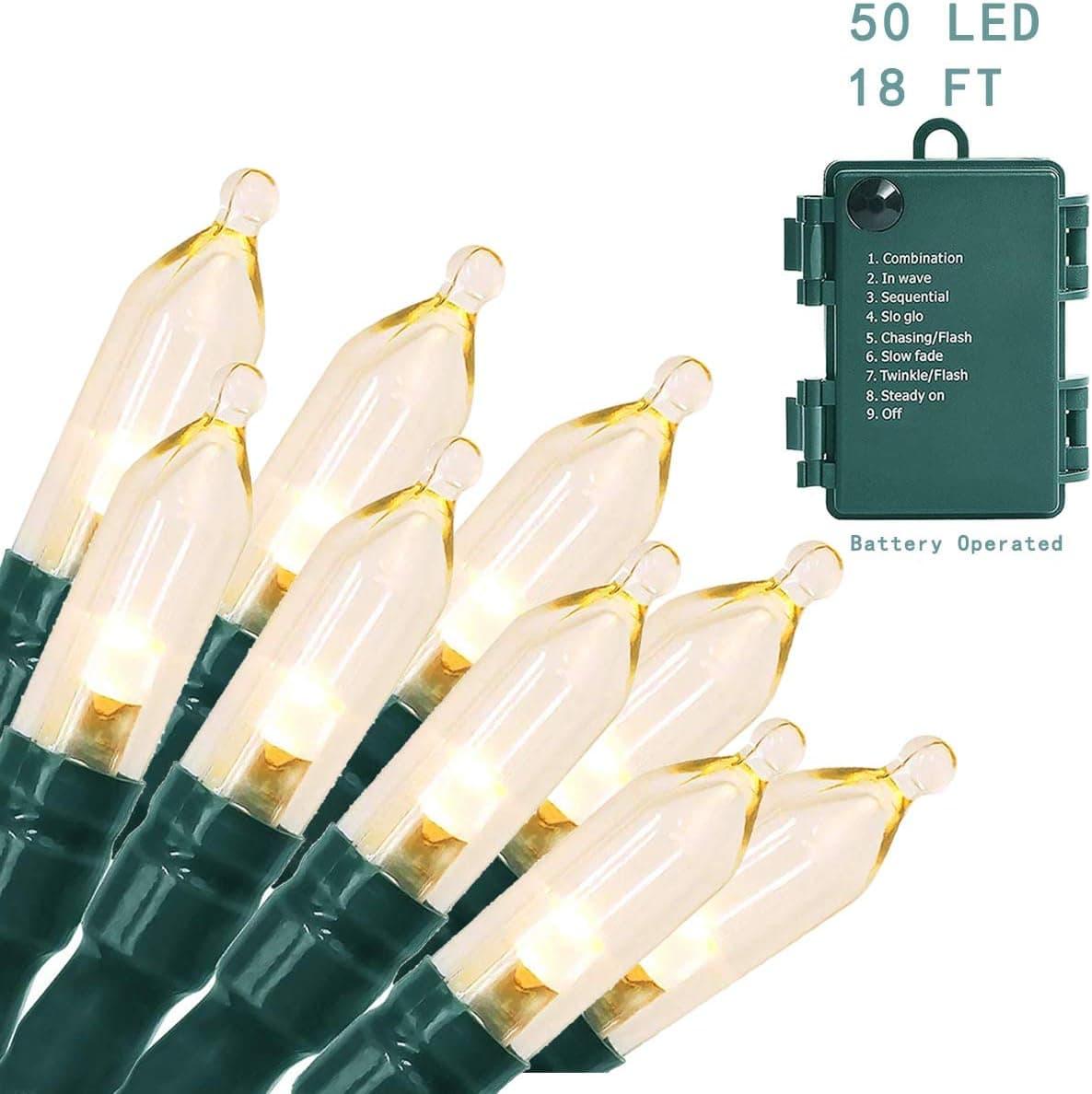 Beenew Battery Operated String Lights, 18ft 50 LED Christmas Lights with Timer & 8 Modes, Outdoor String Lights for Christmas Tree Wreath Party Garden Outdoor Indoor Decor, Waterproof, Warm White