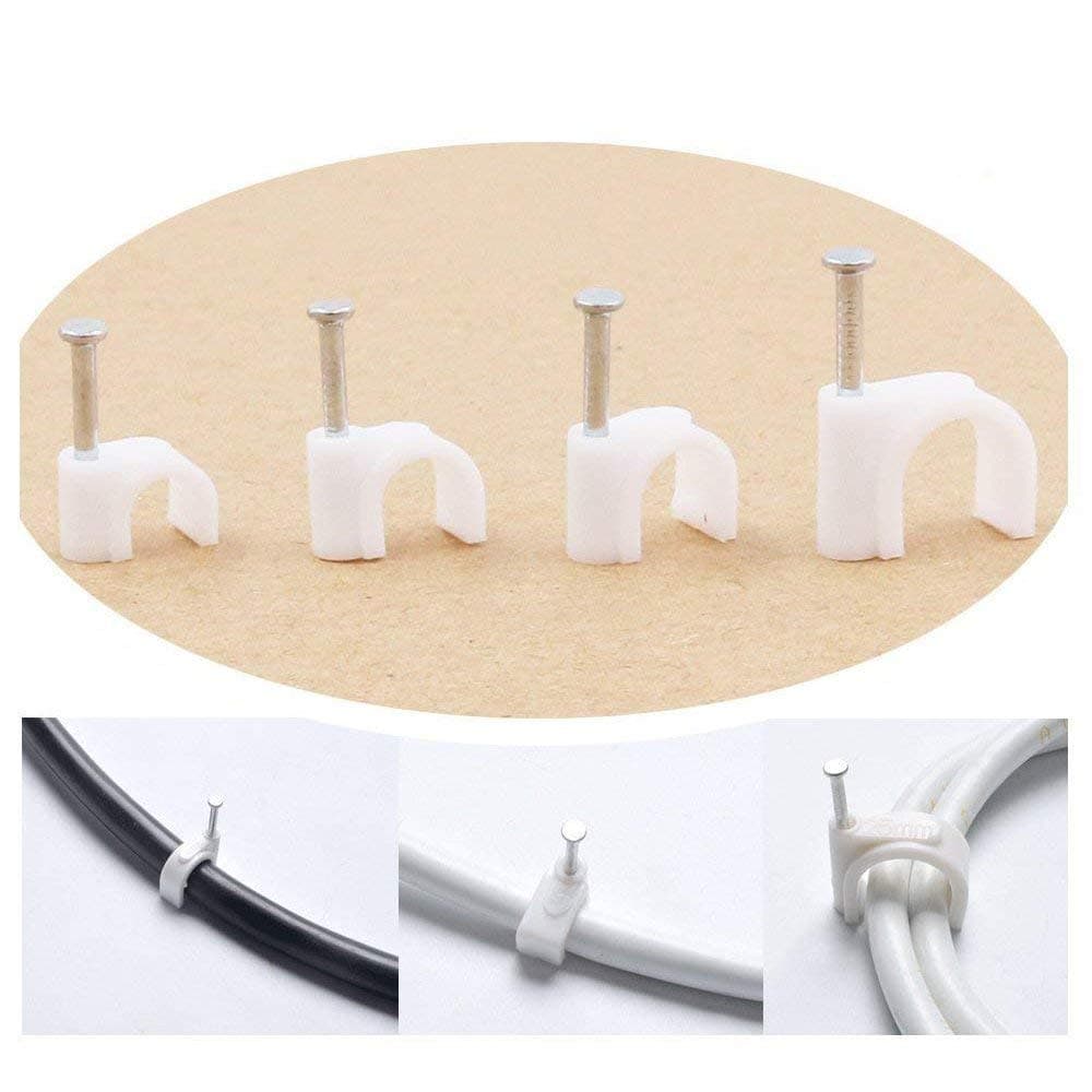 Swpeet 400 Pcs Multiple Models Premium Plastic Round Cable Wire Clips with The Nails, White Plastic Cable Circle Clips Cable Management RG6 RG59 CAT5 CAT6 RJ45-4 Size 6mm / 7mm / 8mm / 10mm