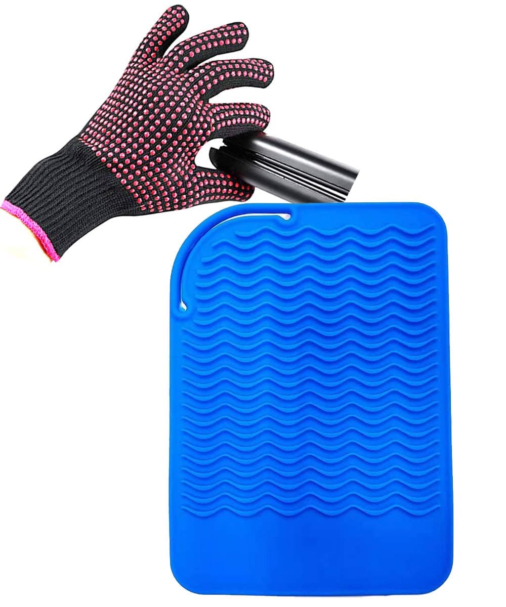 Heat Resistant Glove with Heat Resistant Mat for Curling Iron, Hair Straightener, Flat Irons, Silicone Bump Glove, 9” x 6.5” Food Grade Silicone Mat, Blue