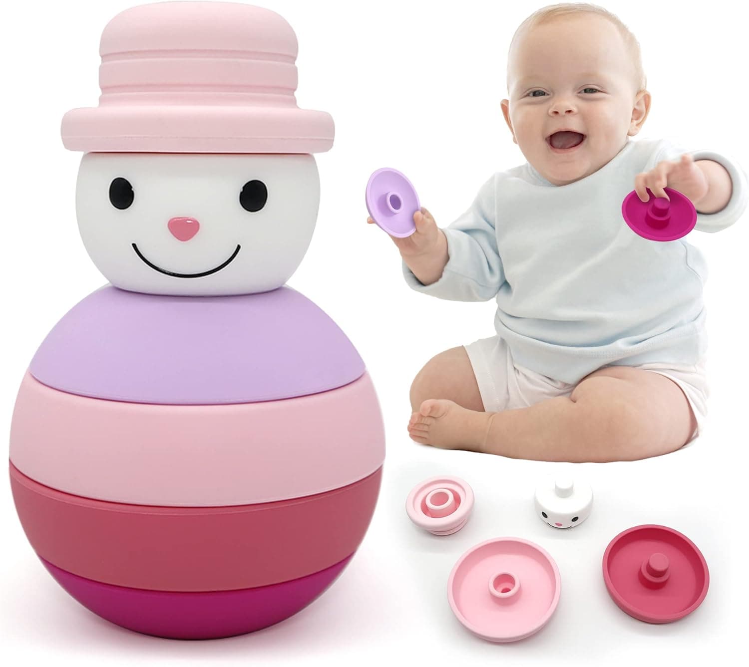 Stacking & Nesting Toy, Christmas Toys for Babies Silicone Block Toys, Soft Building Rings Stacker & Teethers Sensory Montessori Toys for Toddlers Kids, Xmas Gift Tabletop Decoration(Snowman Pink)
