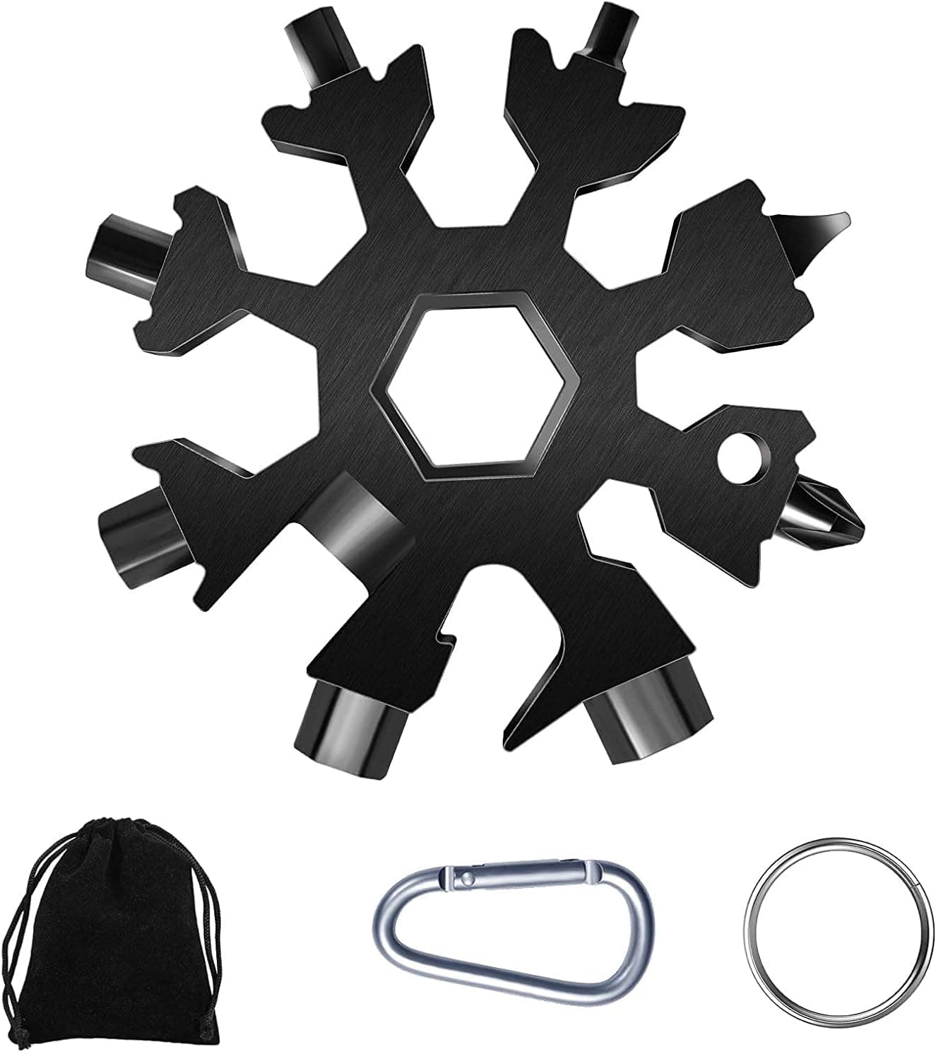 Snowflake Multi-Tool, 1 Pcs 18-in-1 Snowflake Tool Stainless Steel with Storage Bag, Key Ring and Eye Snap Clip (Black)