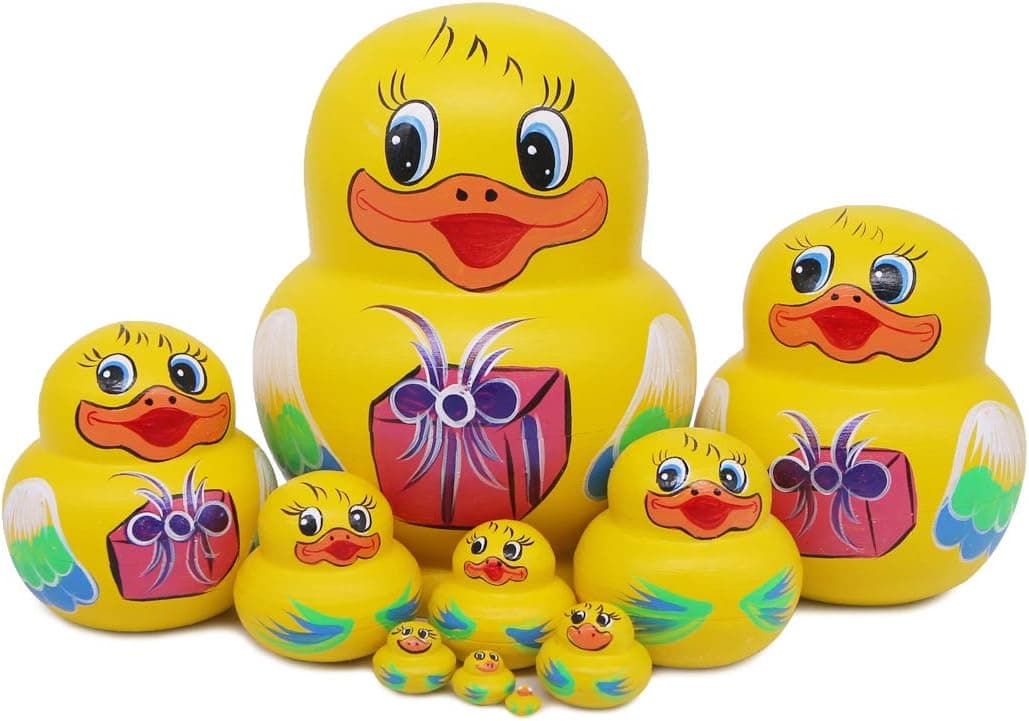 Winterworm Set of 10 Big-Belly Yellow Duck Bringing Gifts Pattern Nesting Dolls Handmade Wooden Matryoshka Crafts Russian Doll for Kids Toy Children Christmas Birthday Gift Home Decoration