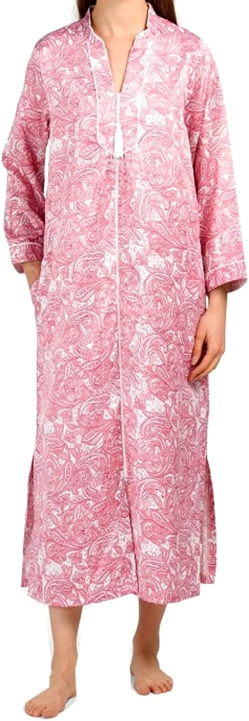 Miss Elaine Brushed Back Satin Paisley Long Zipper Robe (Wine, Large)