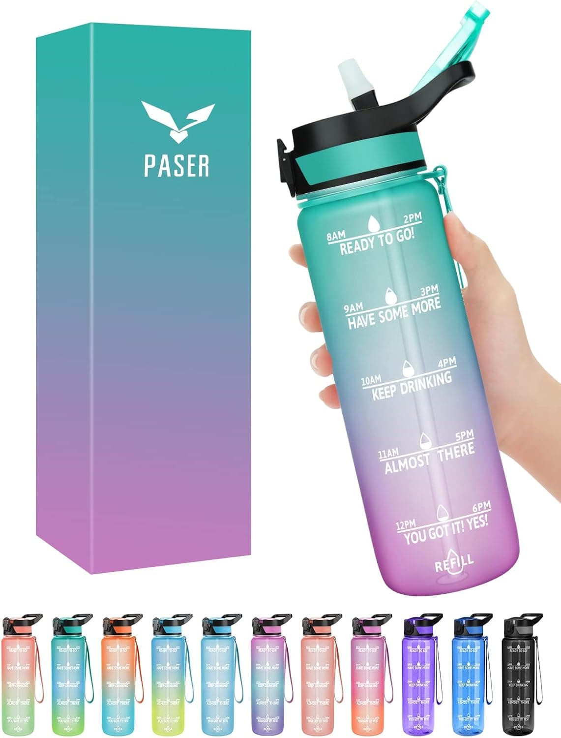 PASER Motivational Water Bottle 24OZ with Time Mark &Straw Measurements BPA Free Leakproof Safety Lock Water Jug for Kids School Sport Gym with Gift Box
