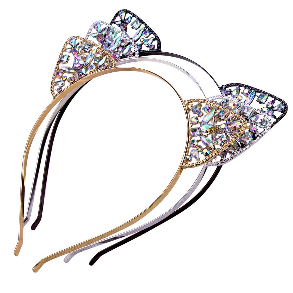 AWAYTR 3PC - Crystal Cat Ears Hair Hoop Headband for Women Girls Cats Ears Hairband Headwear Hair Accessories Christmas Gift (Floral)