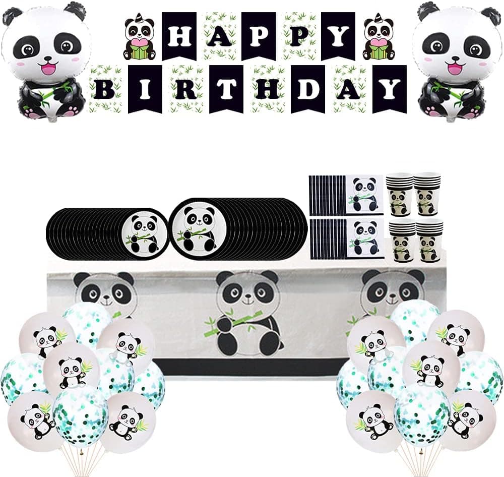 Panda Party Supplies for Girls Birthday, Panda Party Decorations for Girls, Panda Party Favor for Girls Kids, Including Panda Banner Plates Napkins Balloons Tablecloth Cover (Green)
