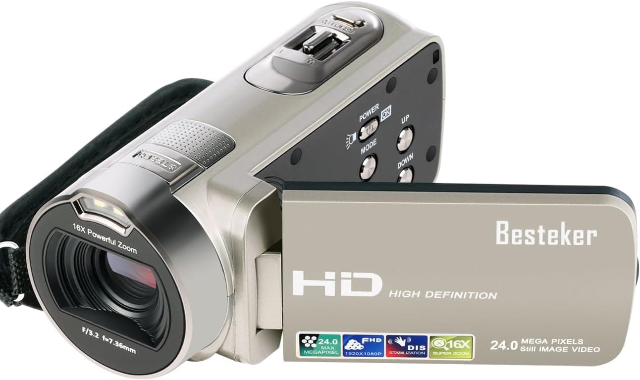 Camera Camcorders, Besteker HD 1080P 24 MP 16X Digital Zoom Video Camcorder with LCD and 270 Degree Rotation Screen (312P-Gold)